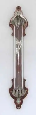 Transparent lucite and non-tarnish nickel on mahogany base